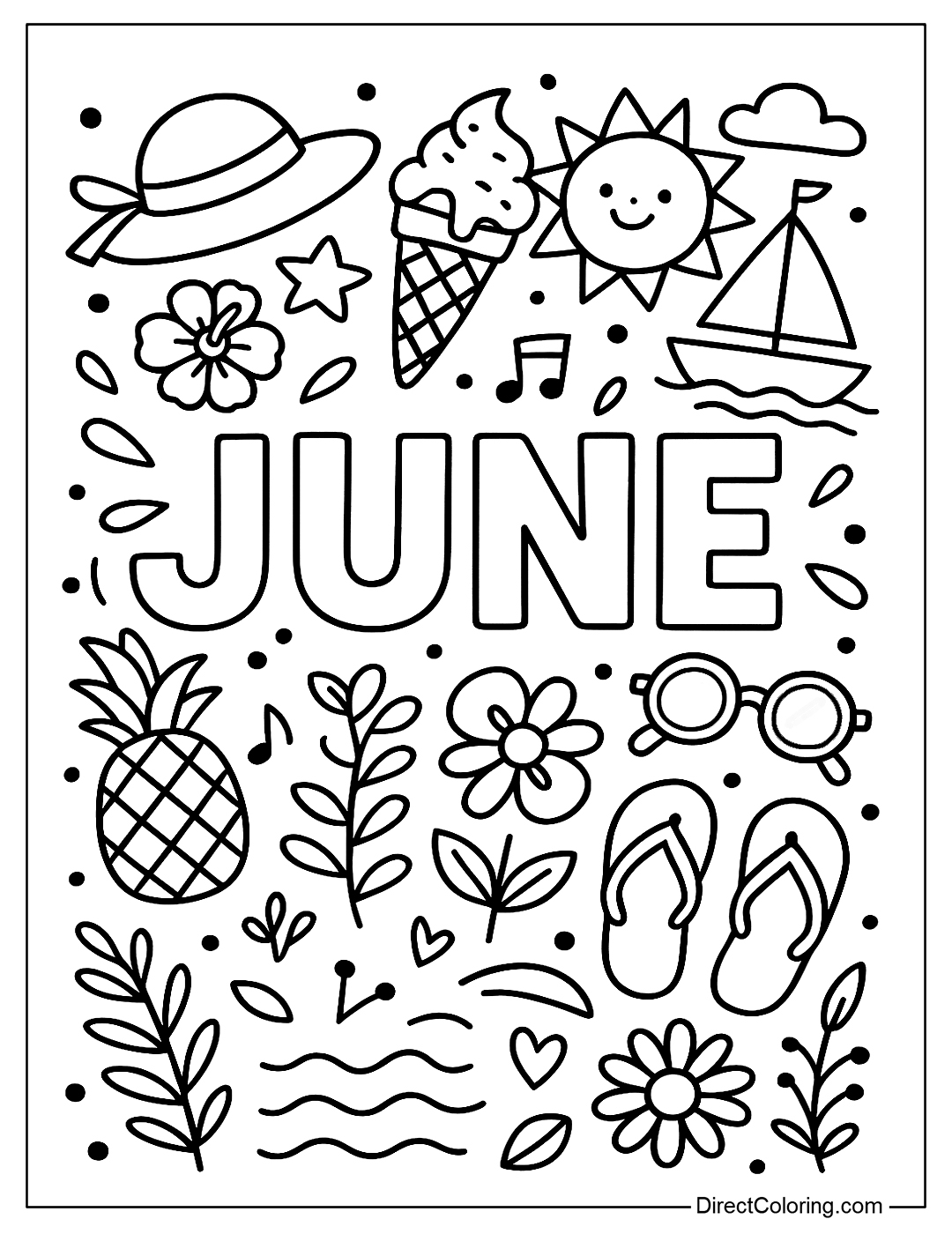 a June doodle coloring page with the word 